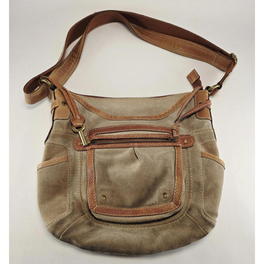 Fossil Brown Genuine Leather Shoulder Crossbody Bag Key Charm Slouch Beige